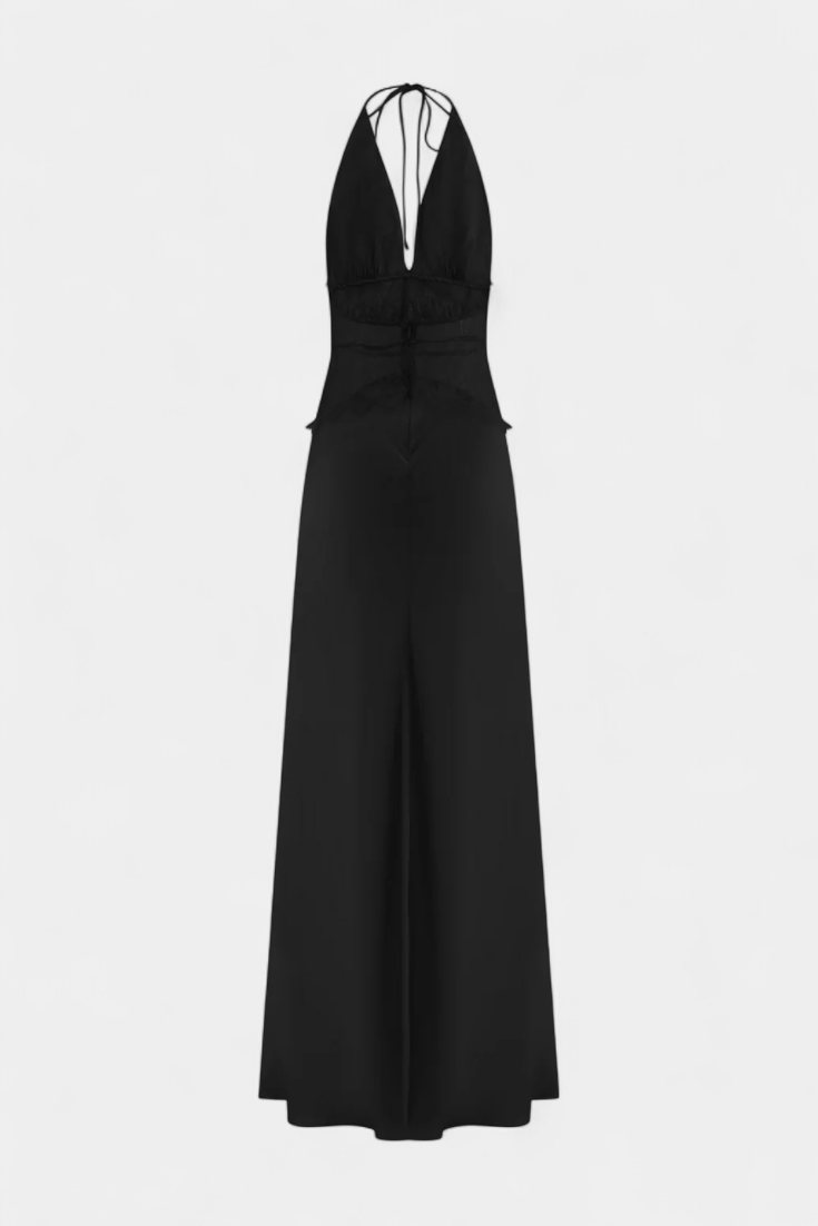Robe Longue Ashanty avec Décolleté Halter et Taille en Dentelle Transparente