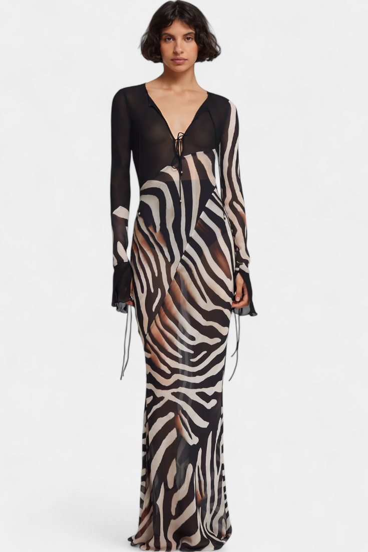Robe Longue Imprimée Zèbre Taisia avec Décolleté Profond