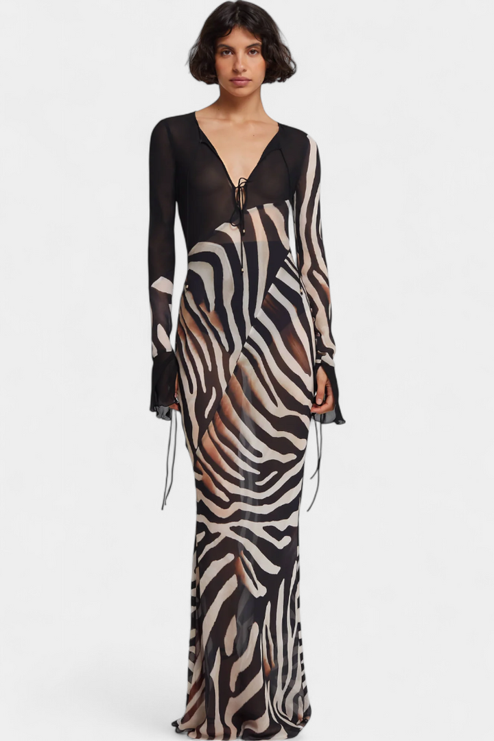 Robe Longue Imprimée Zèbre Taisia avec Décolleté Profond
