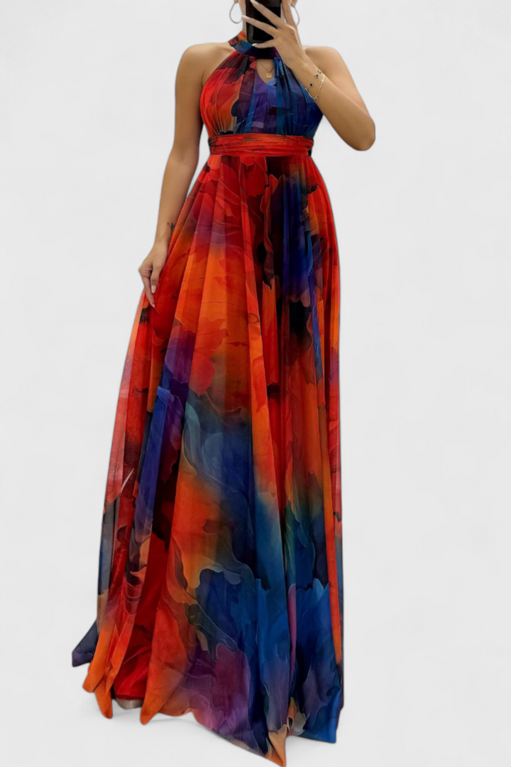 Robe Maxi en Chiffon à Imprimé Floral et Col Halter Caprice