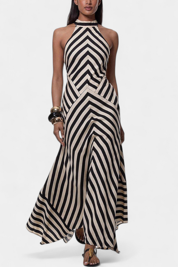 Robe Maxi Halter Crispina avec Rayures Chevron et Dos Nu