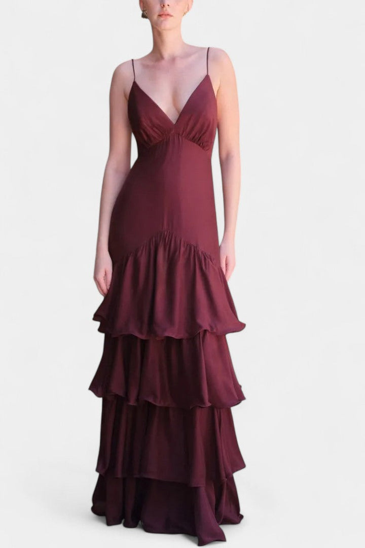 Robe Maxi Atlana Bordeaux avec Volants en Couches