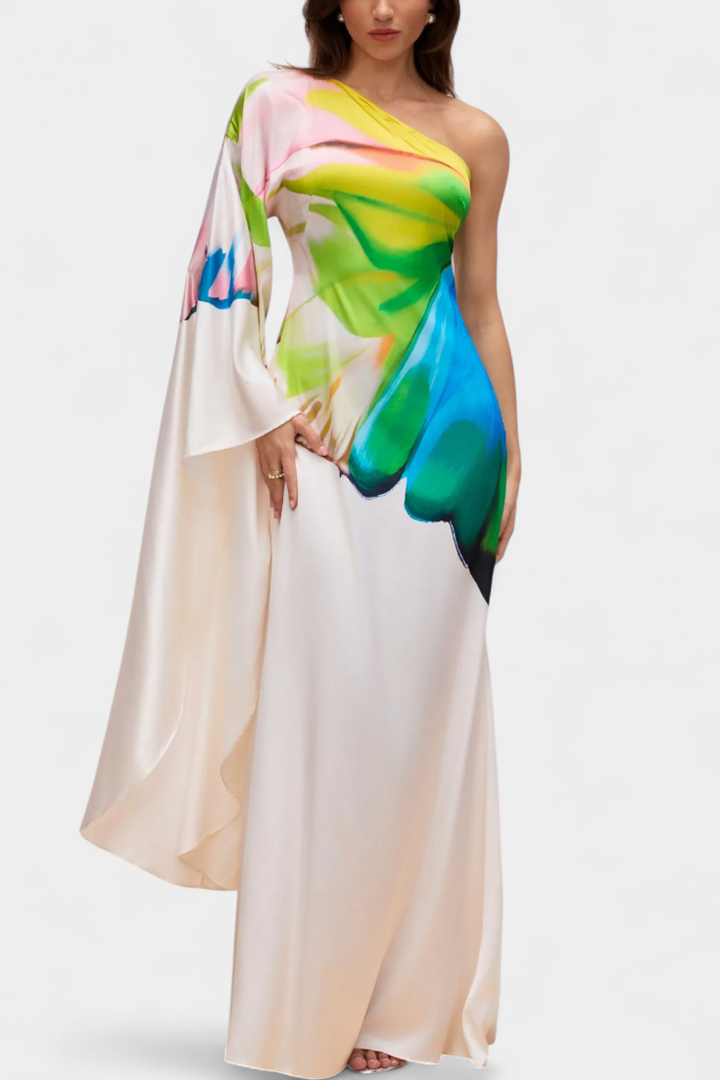 Robe Longue Asymétrique Beryl à Une Seule Manche avec Imprimé Moderne