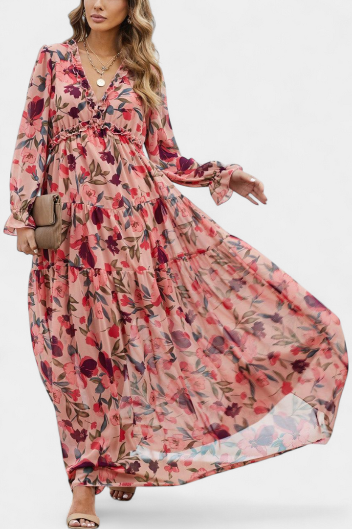 Robe Maxi Fleurie Keti avec Manches Longues et Volants Délicats