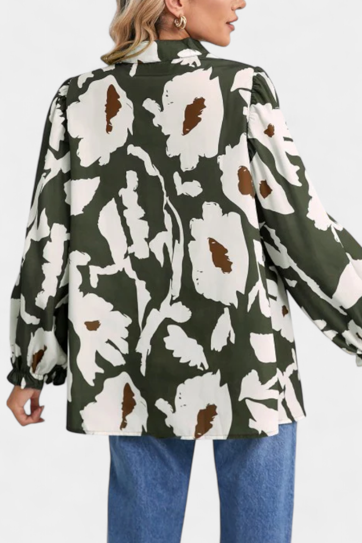 Filomena Blouse à Boutonnage Partiel et Manches Bouffantes en Imprimé Floral Abstrait