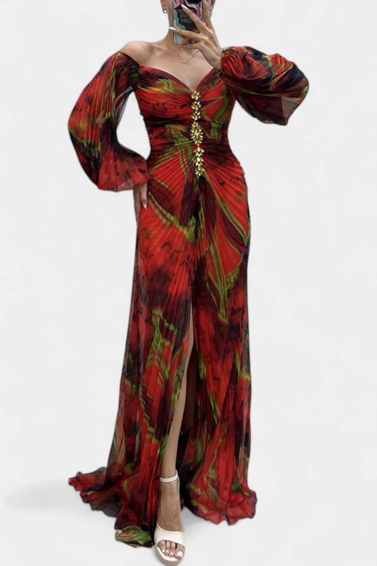 Robe Maxi Plissée Quintessa avec Manches Longues et Imprimé Vibrant