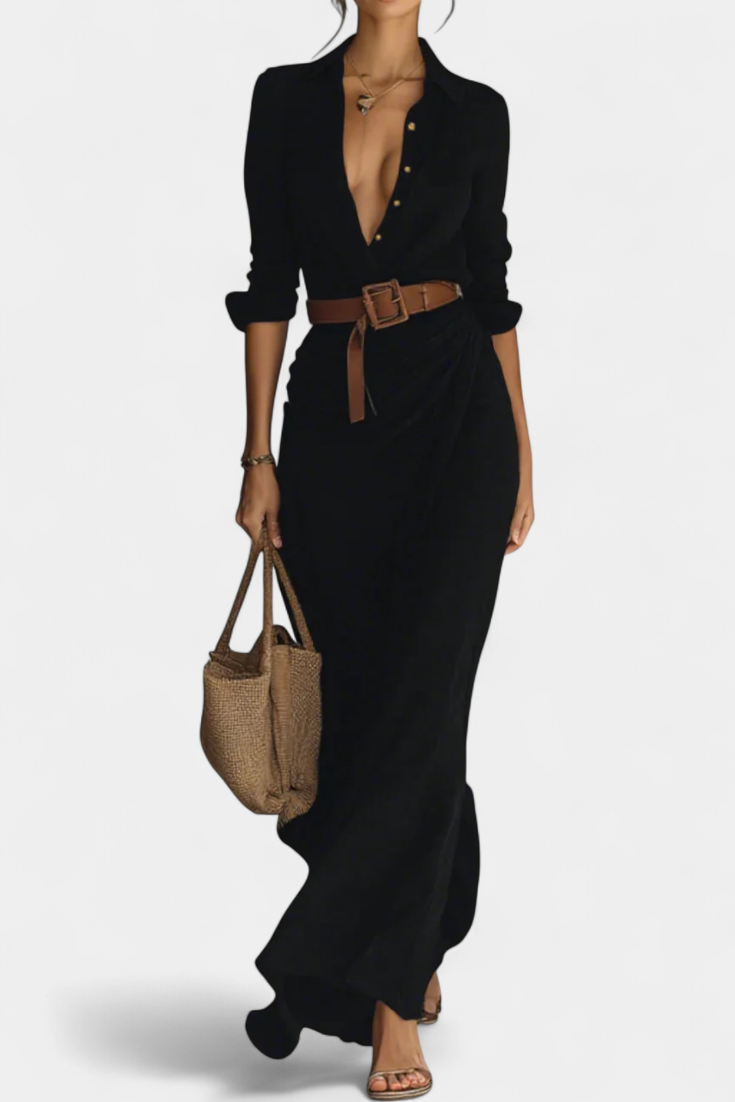 Robe Maxi Souline avec Revers et Manches Longues