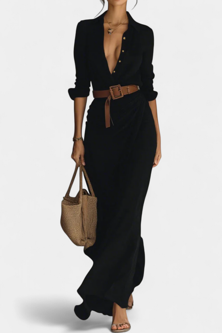 Robe Maxi Souline avec Revers et Manches Longues