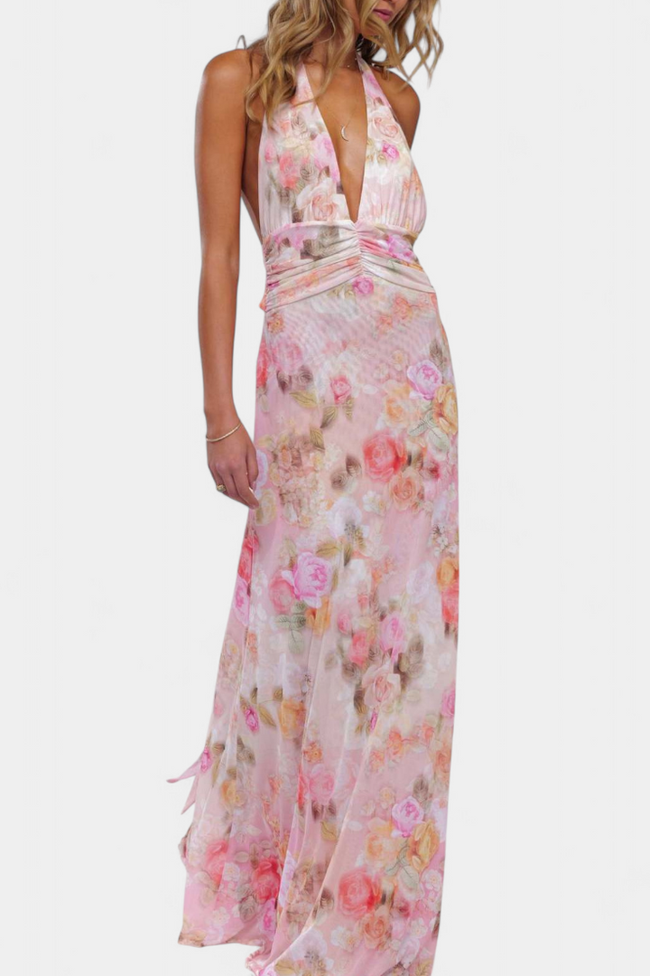 Robe Maxi à Pois Melodía avec Décolleté Halter et Taille Froncée