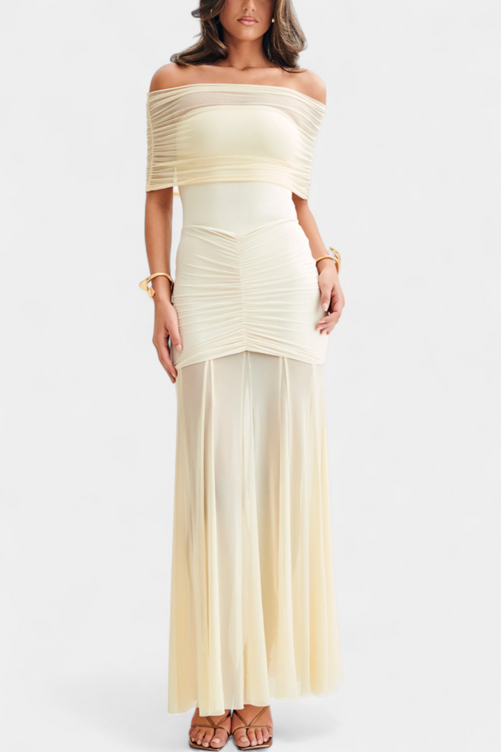 Robe Maxi Alodia à Épaules avec Cape en Maille