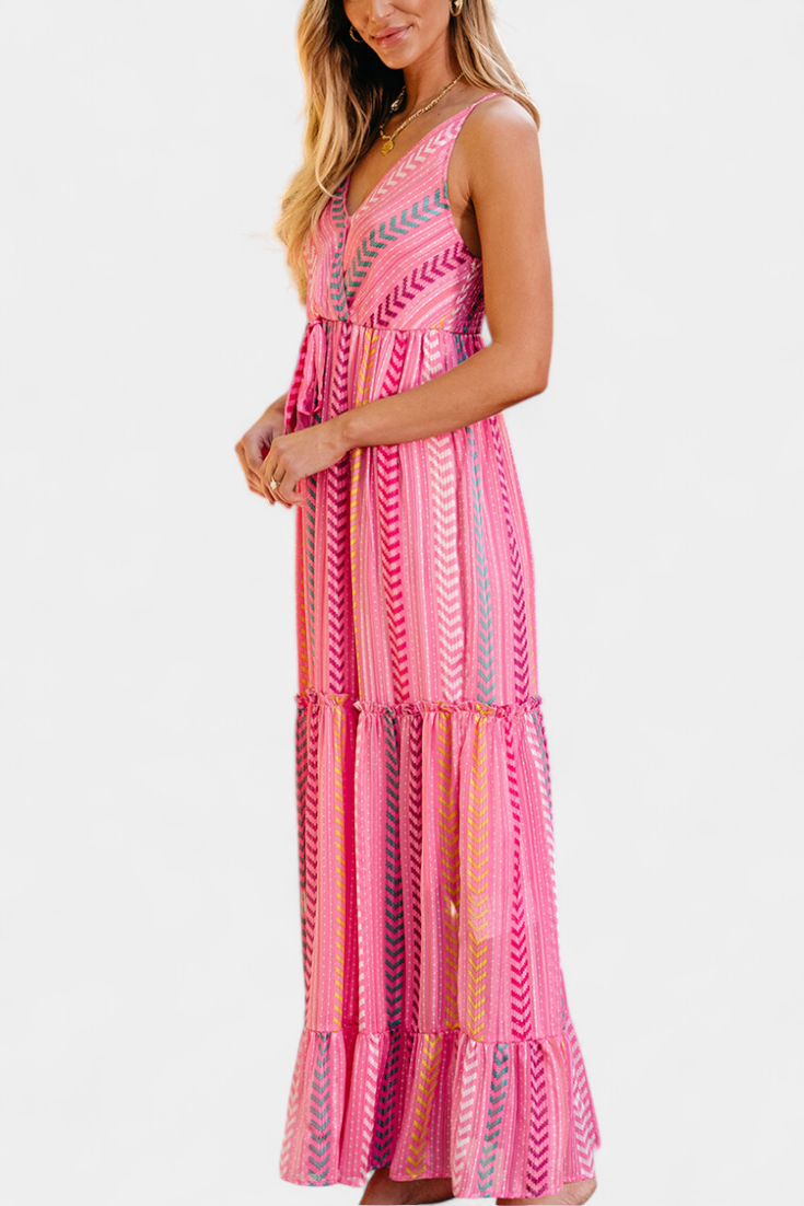 Robe Longue Asunción Rose à Rayures Multicolores