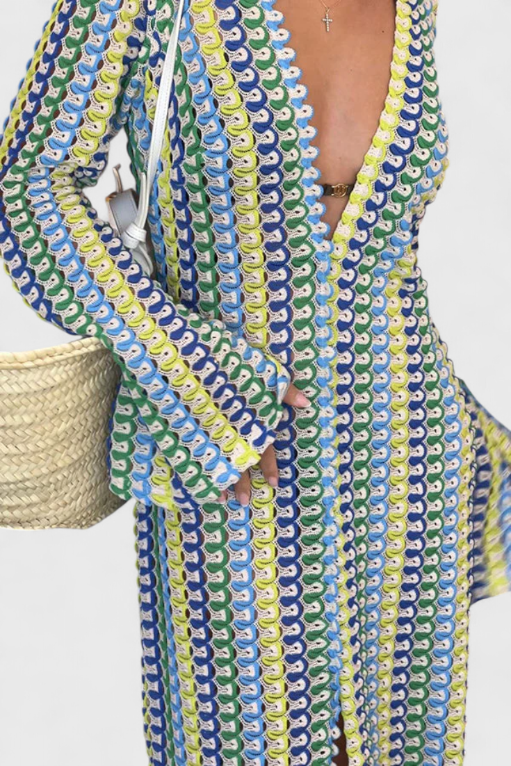 Robe Longue Crisanta Imprimée avec des Ondes Multicolores et Manches Longues