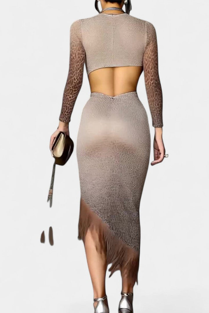 Robe Bodycon Léopard Irene avec Découpe Torsadée et Franges