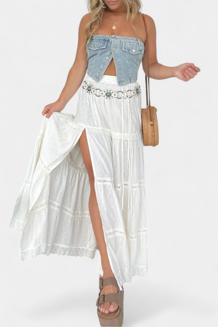 Jupe Maxi Boho Dola avec Dentelle et Fente Frontal