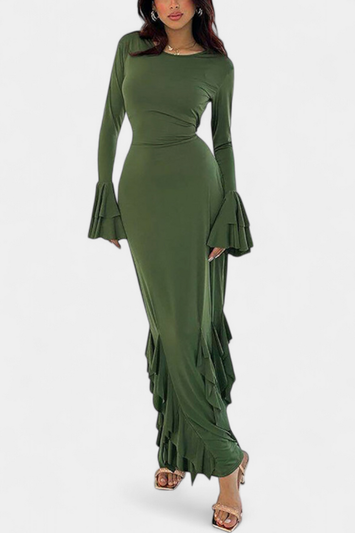 Calissa Robe Longue avec Volants et Manches Évasées