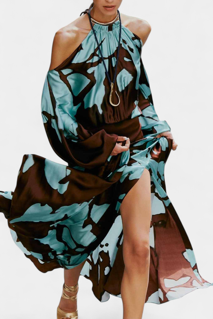 Robe Longue Monte avec Ouvertures aux Manches et Imprimé Abstrait