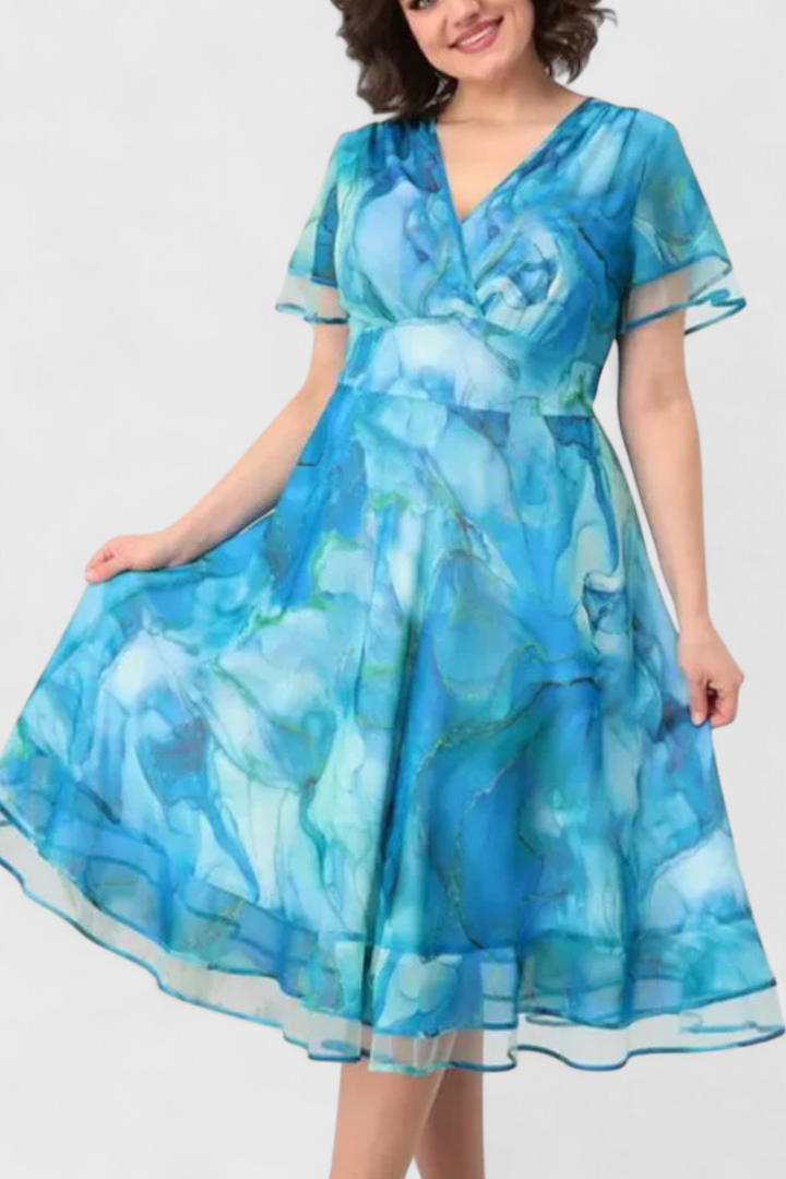 Robe Almira en Tulle Bleu avec Imprimé Aquarelle