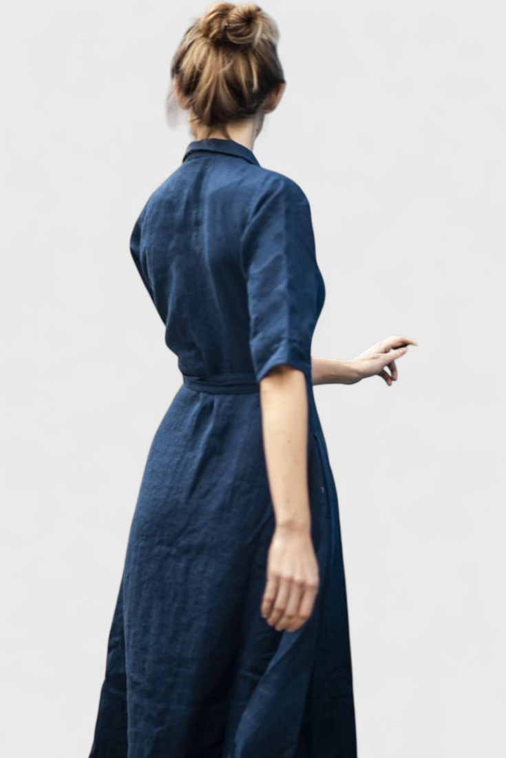 Robe Midi Vintage en Coton et Lin Sharon avec Col Revers