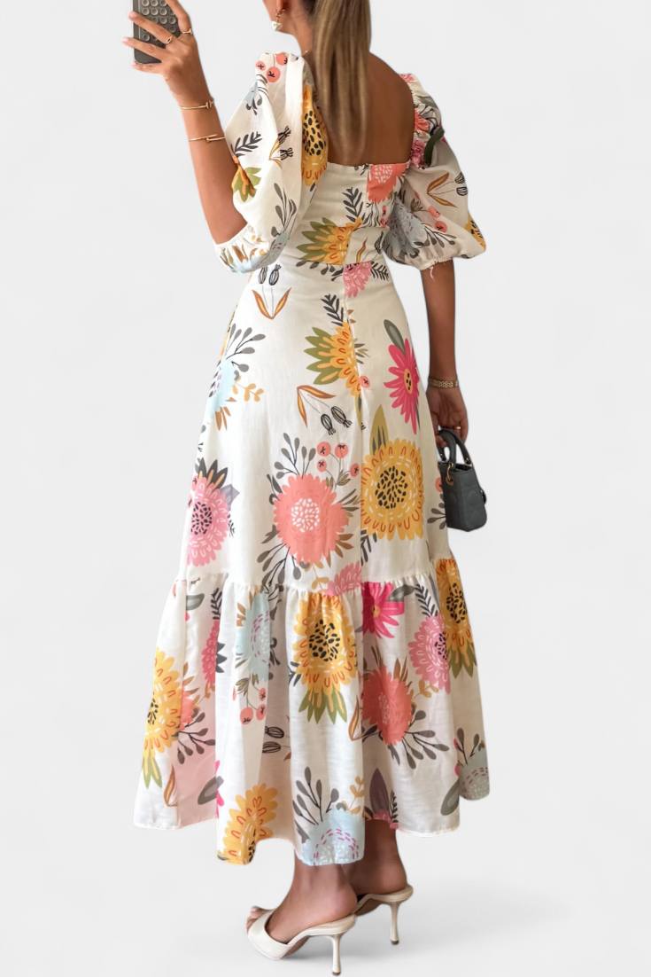 Robe Midi en Coton Kacey avec Imprimé Floral et Manches Bouffantes