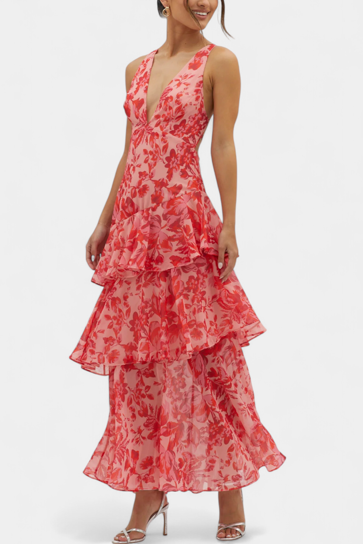 Robe Domenica en Chiffon avec Décolleté en V et Volants Fluides