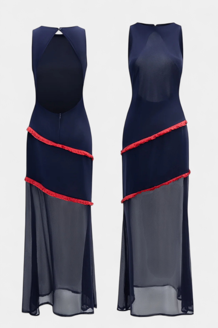 Robe Midi Bodycon Orfila avec Gaze et Franges Contrastées