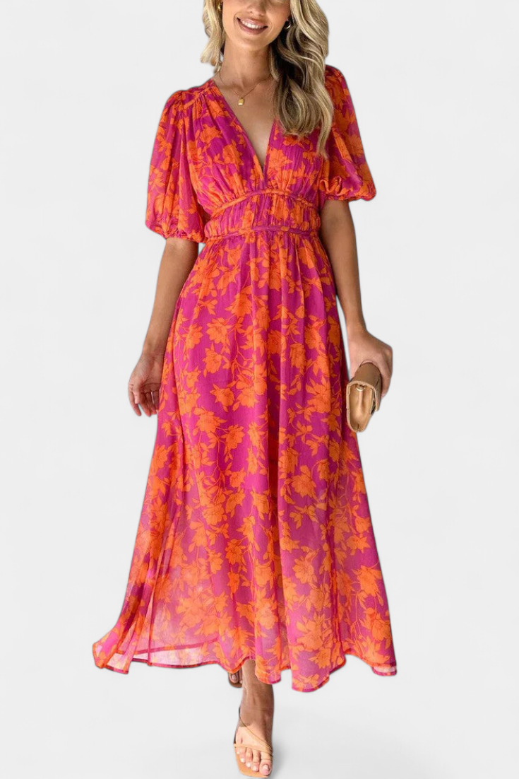 Robe Midi Fleurie Wren avec Décolleté en V et Manches Bouffantes
