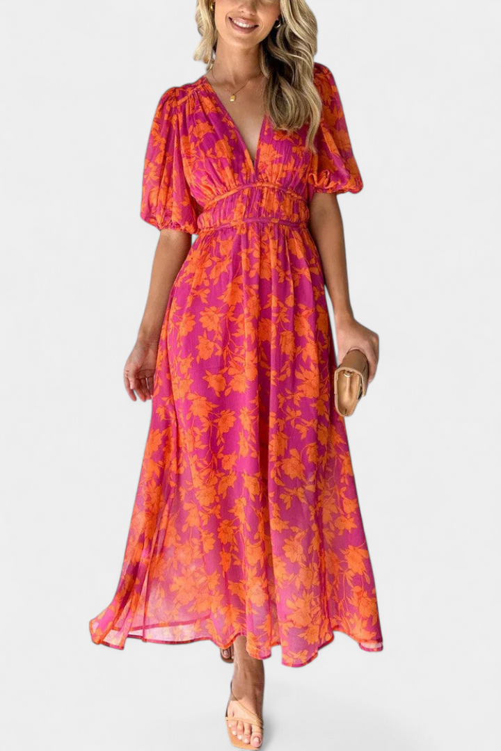 Robe Midi Fleurie Wren avec Décolleté en V et Manches Bouffantes