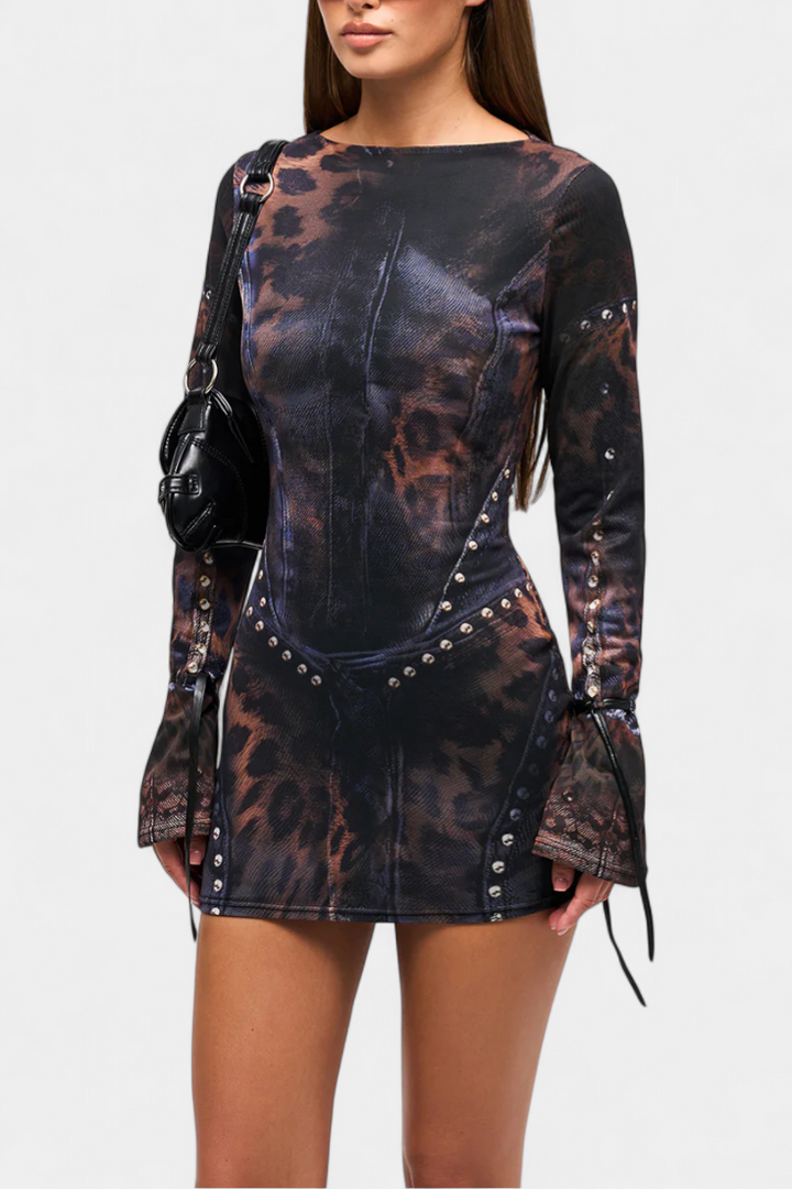 Robe Mini Tabea avec Manches Évasées et Imprimé Illusion
