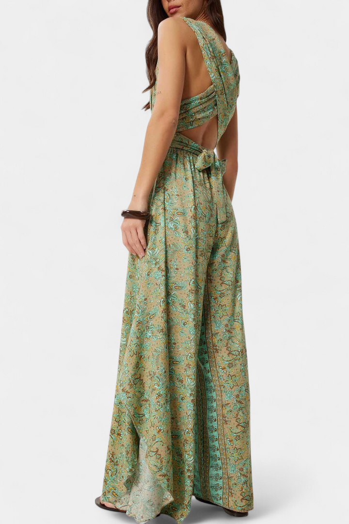 Monos Leandra Fluide Croisé avec Imprimé Floral Vert