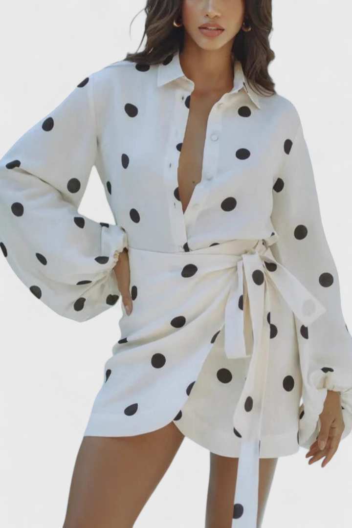 Romara Robe Mini à Pois avec Manches Longues et Taille Cintrée