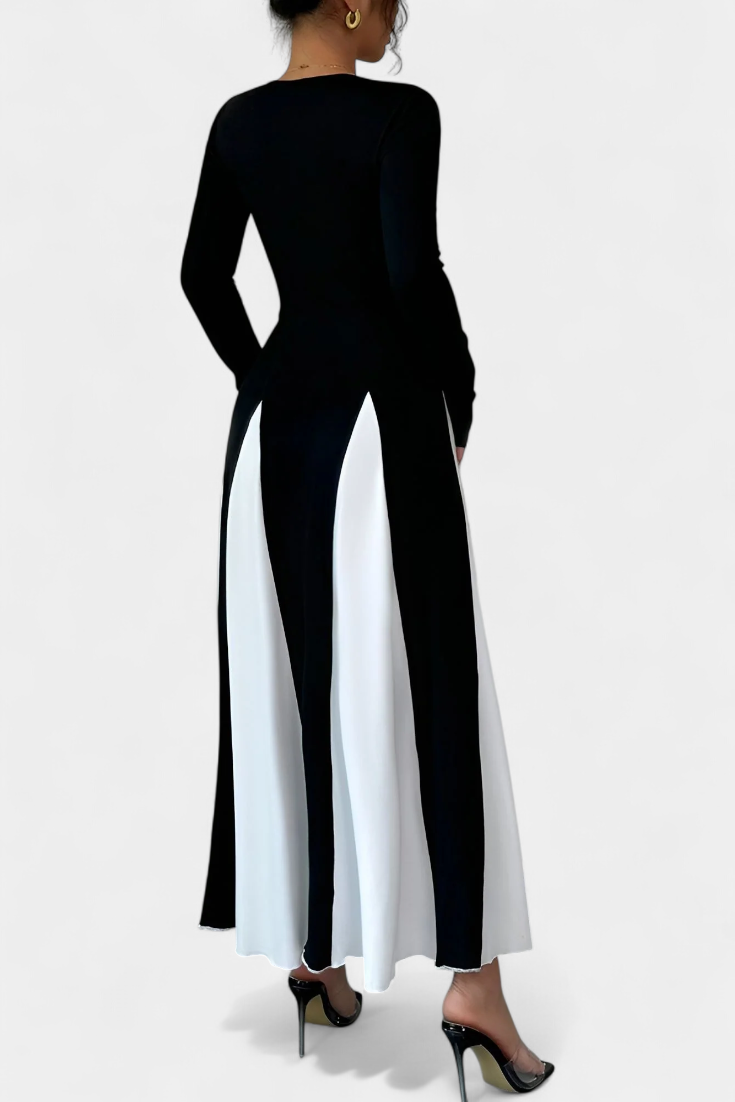 Veronique Robe Maxi à Manches Longues en Contraste de Couleur
