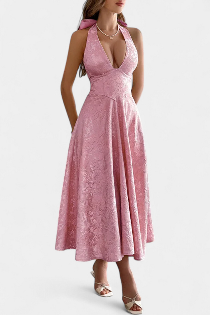 Robe Midi Jacquard Gilda avec Dos Nu et Taille Haute