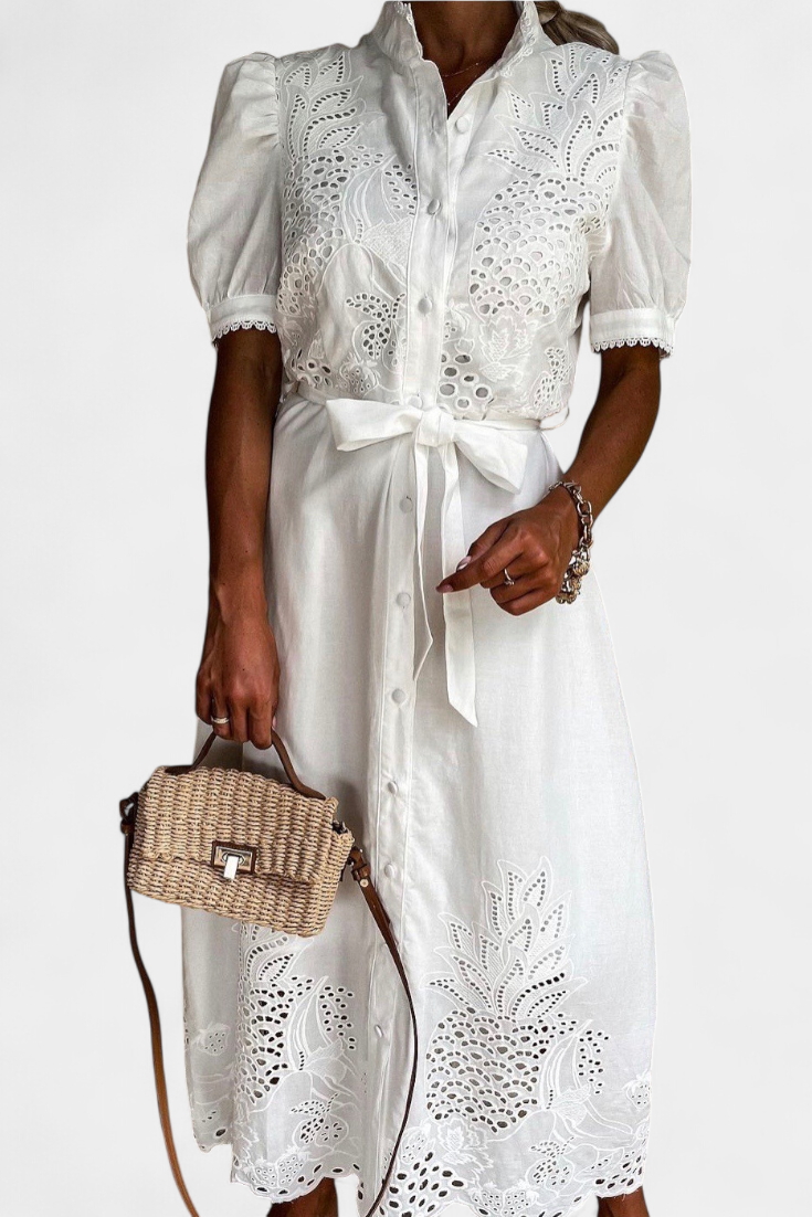 Nerea Robe Chemise Brodée avec Ceinture et Manches Bouffantes