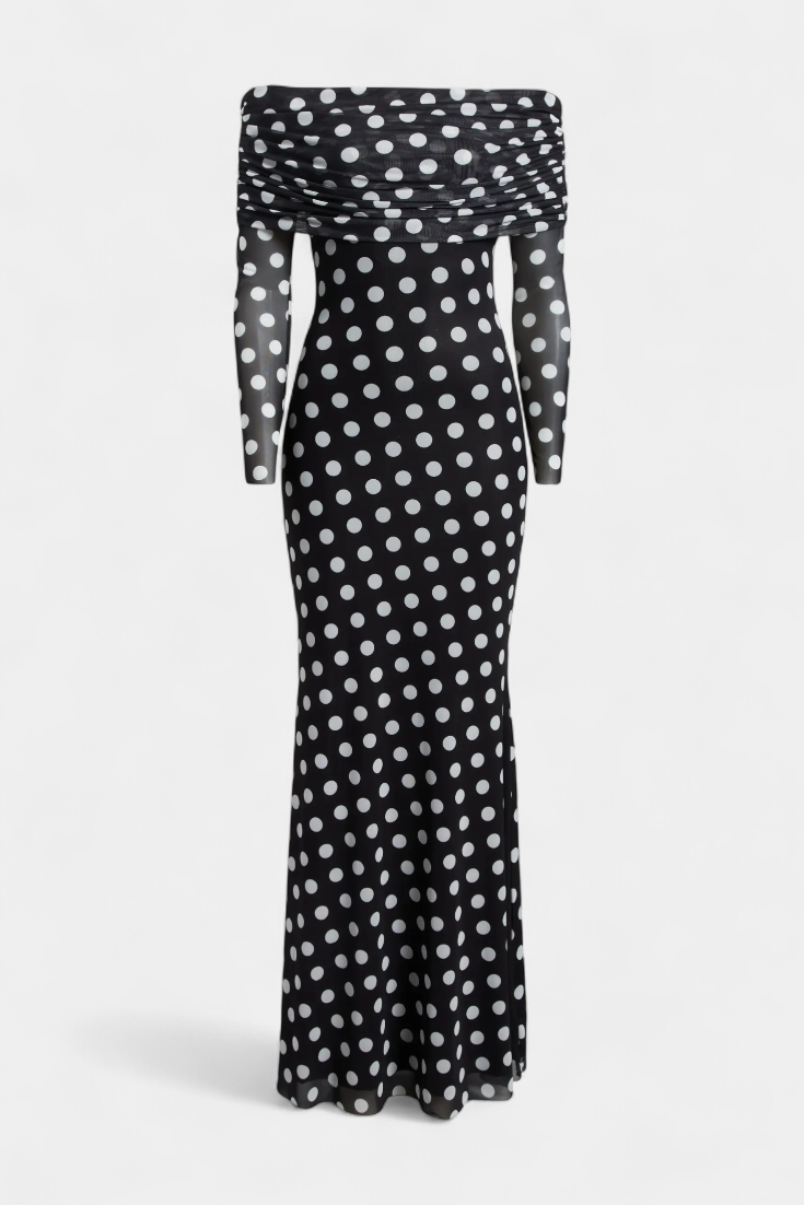 Elinda Robe Longue Off-Shoulder à Pois
