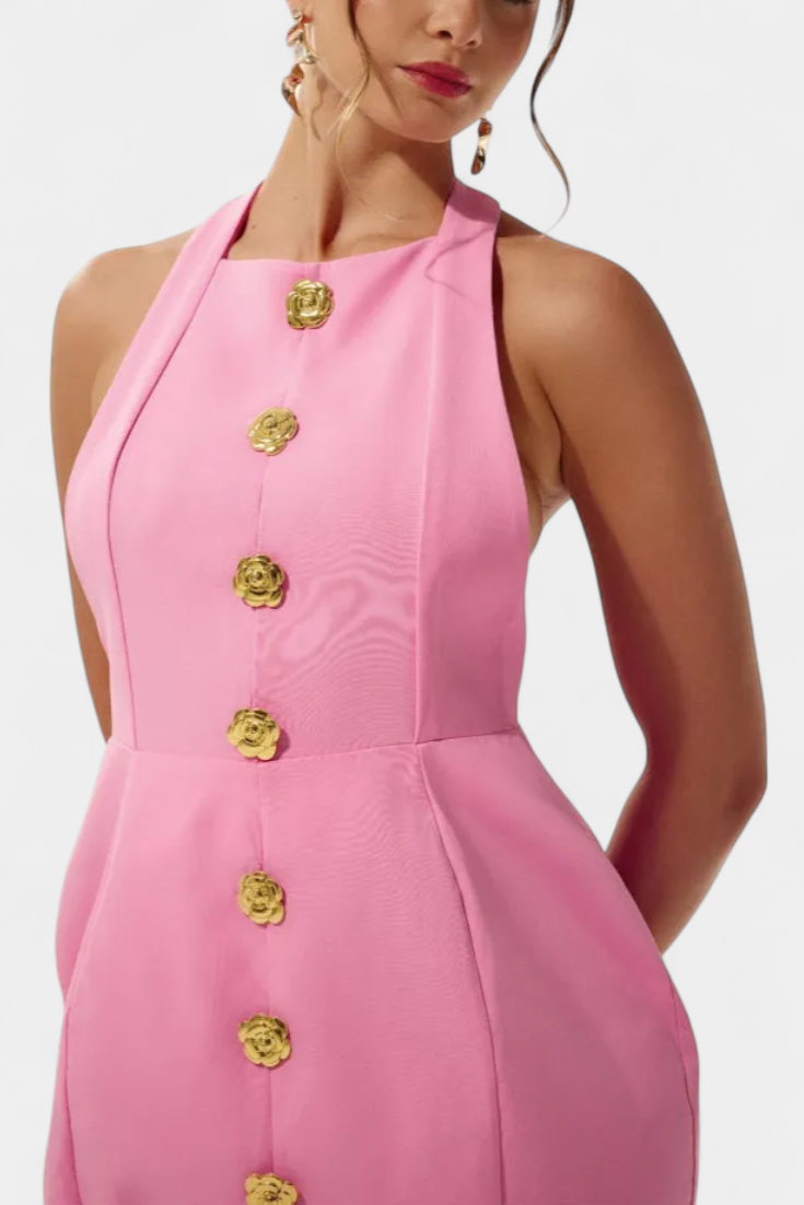 Yvonne Robe Mini Décolleté Halter avec Dos Nu et Détail Floral