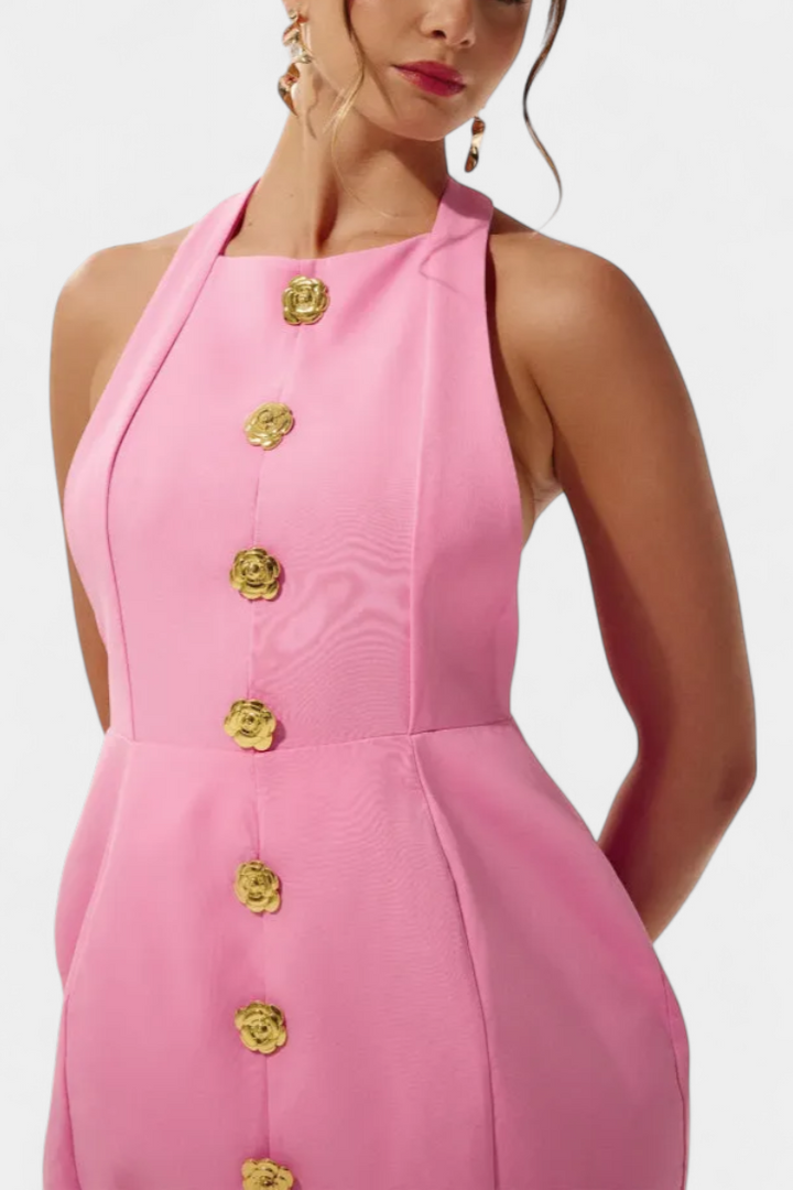 Yvonne Robe Mini Décolleté Halter avec Dos Nu et Détail Floral