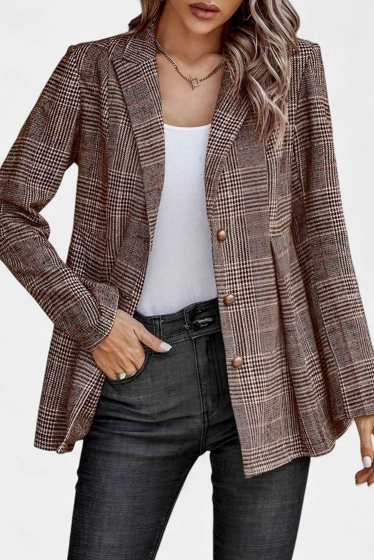 Blazer Peplum à Carreaux avec Revers en V
