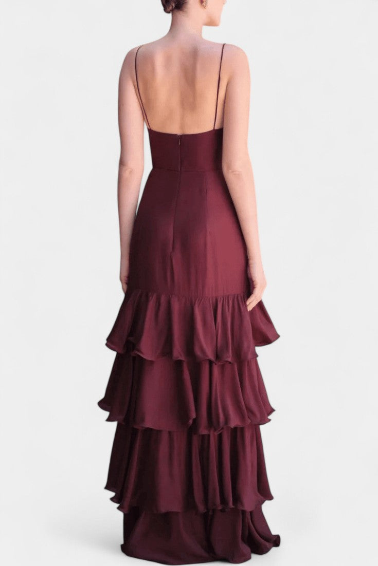 Robe Maxi Atlana Bordeaux avec Volants en Couches