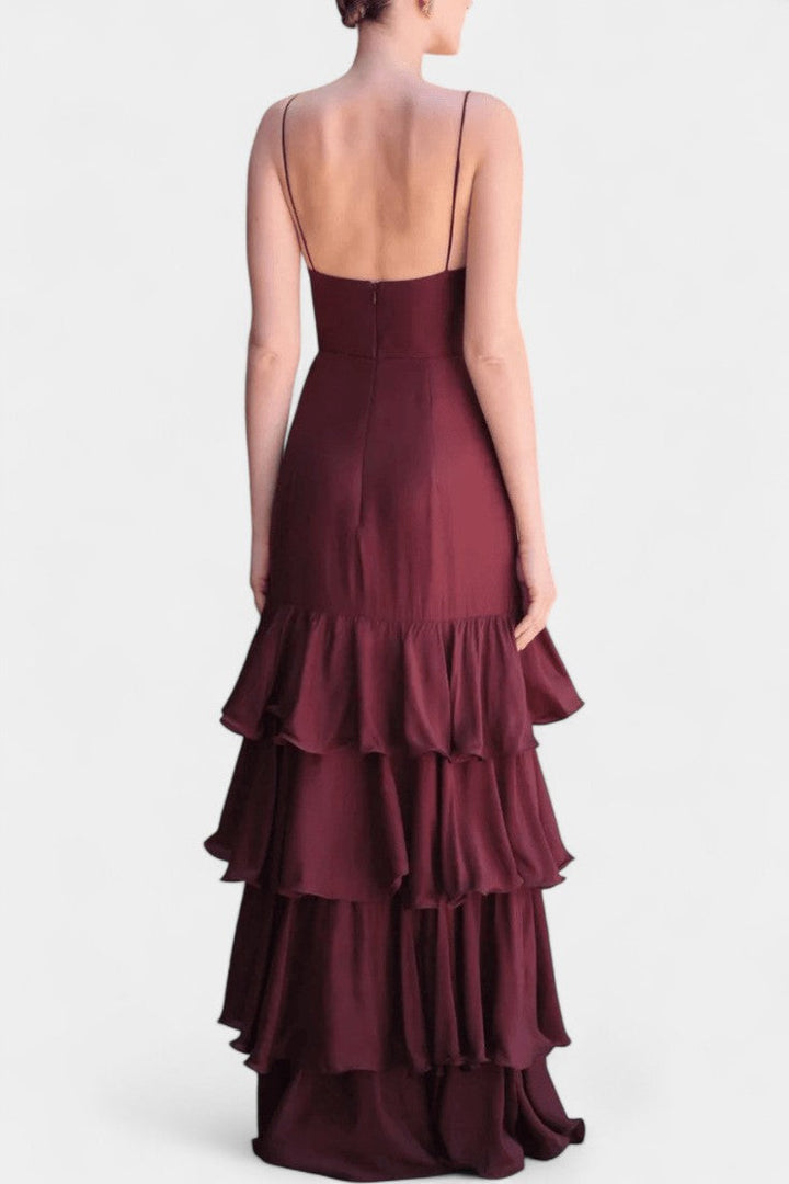 Robe Maxi Atlana Bordeaux avec Volants en Couches