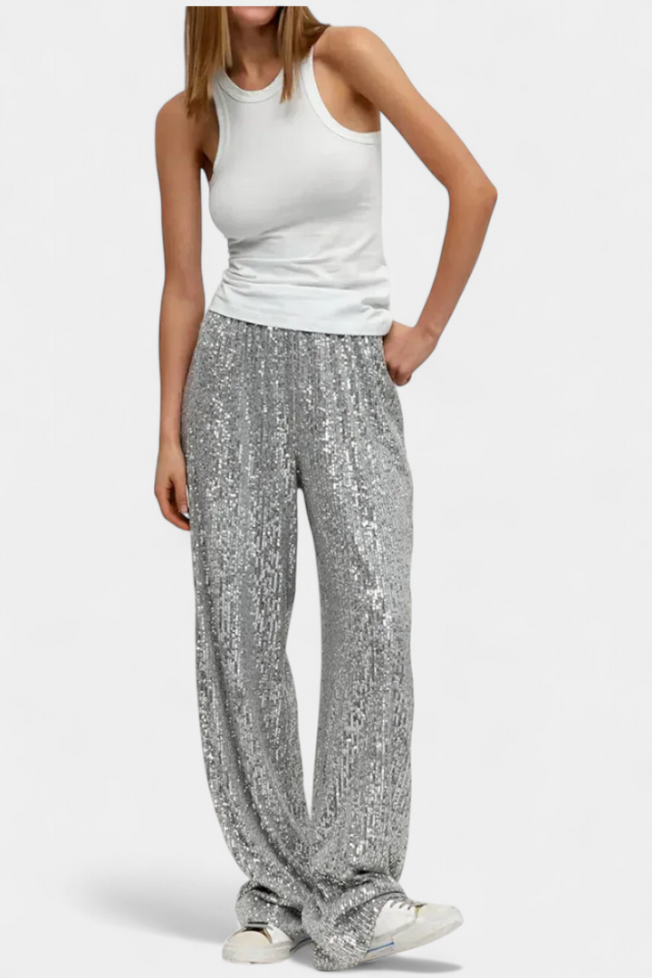 Elva Pantalons à Paillettes Taille Haute et Coupe Ample