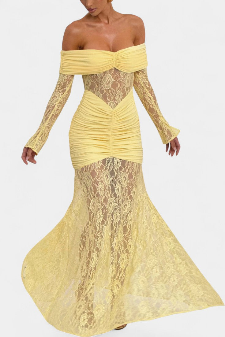 Bruma Robe Maxi en Dentelle avec Volants sans Bretelles