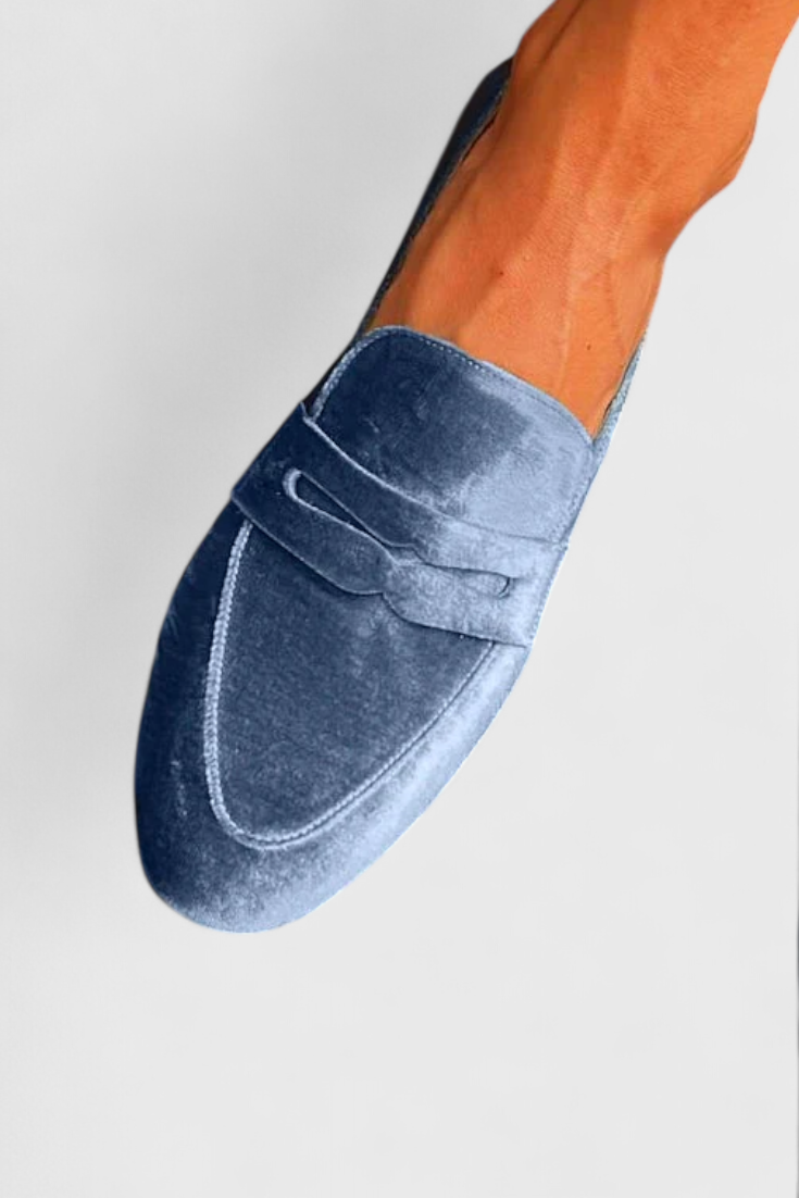 Mocassins Llnica en Velours Bleu avec Détail Patchwork et Bout Rond