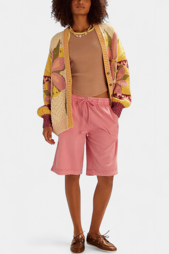Cardigan en Punto avec Motif Floral et Coupe Ample
