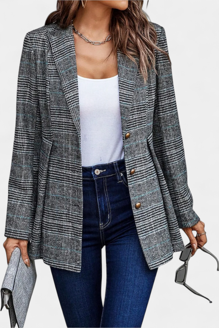 Blazer Peplum à Carreaux avec Revers en V