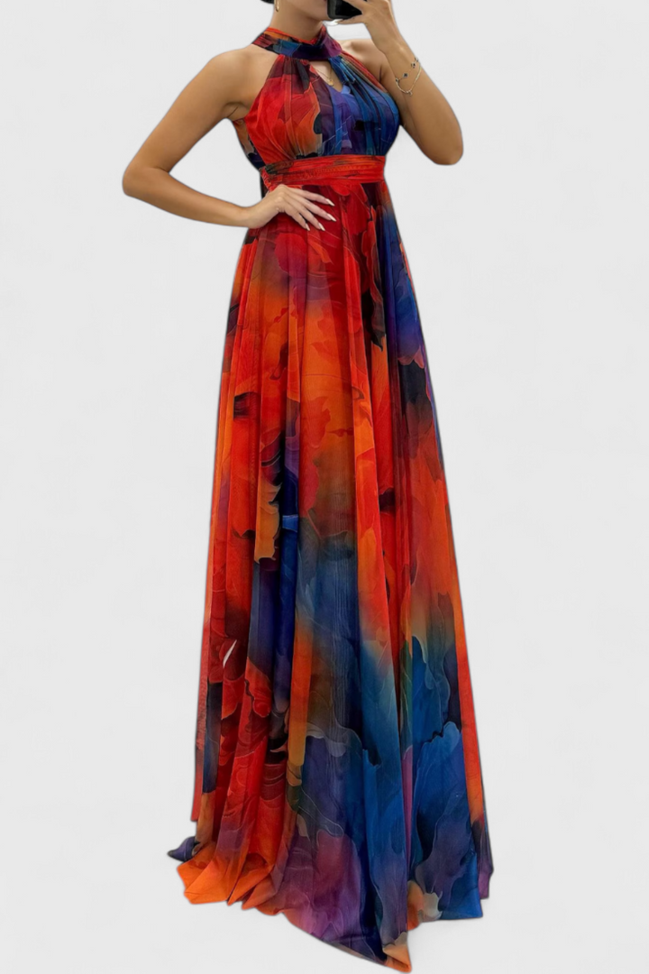 Robe Maxi en Chiffon à Imprimé Floral et Col Halter Caprice