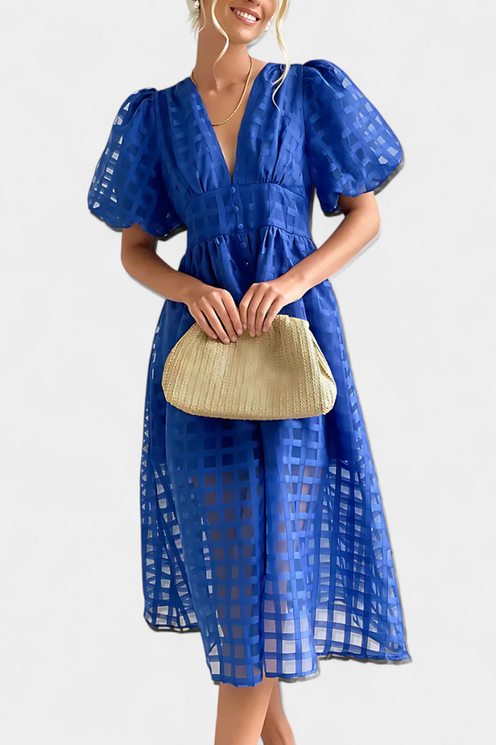 Robe Midi Marigold à Manches Bouffantes avec Motif à Carreaux
