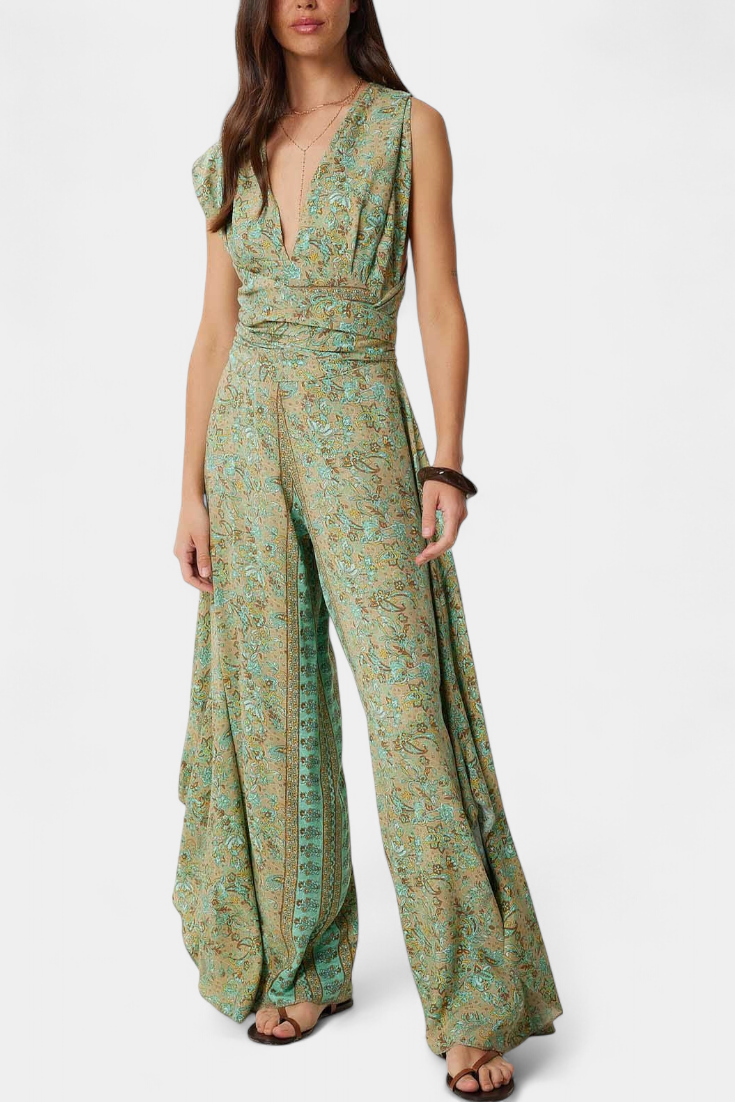 Mono Leandra Fluide Croisé avec Imprimé Floral Vert