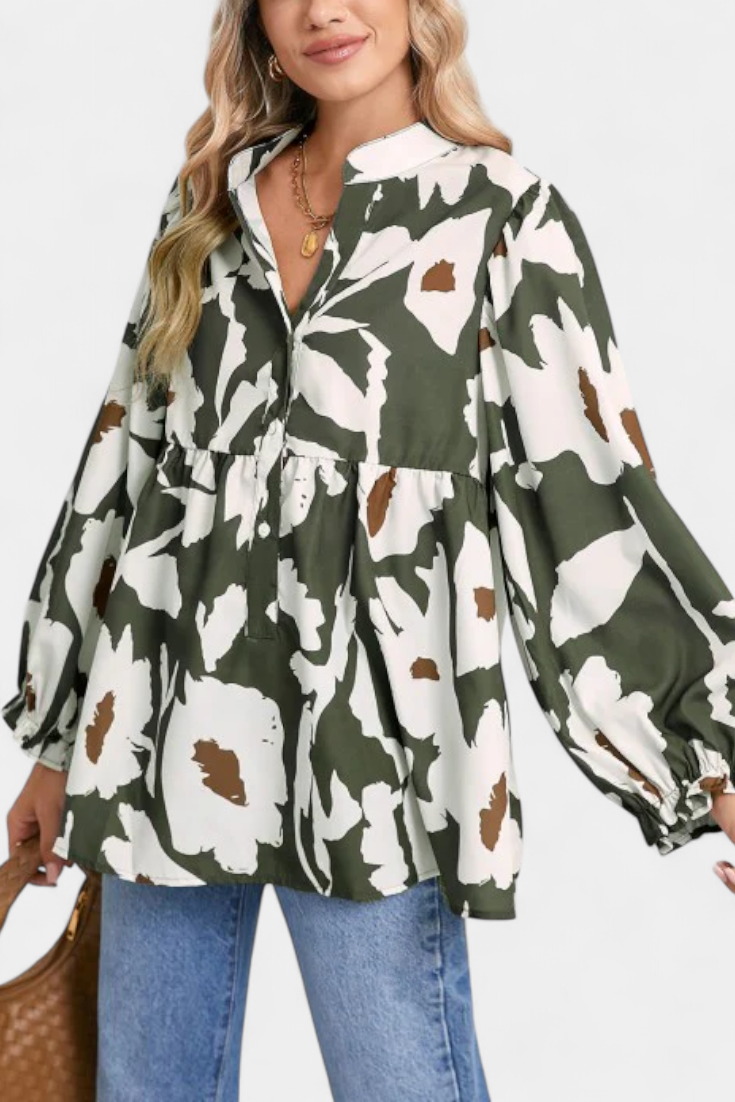 Filomena Blouse à Boutonnage Partiel et Manches Bouffantes en Imprimé Floral Abstrait