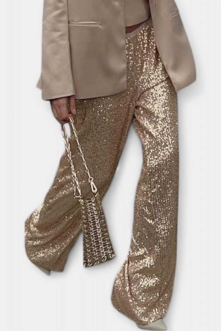 Elva Pantalons à Paillettes Taille Haute et Coupe Ample