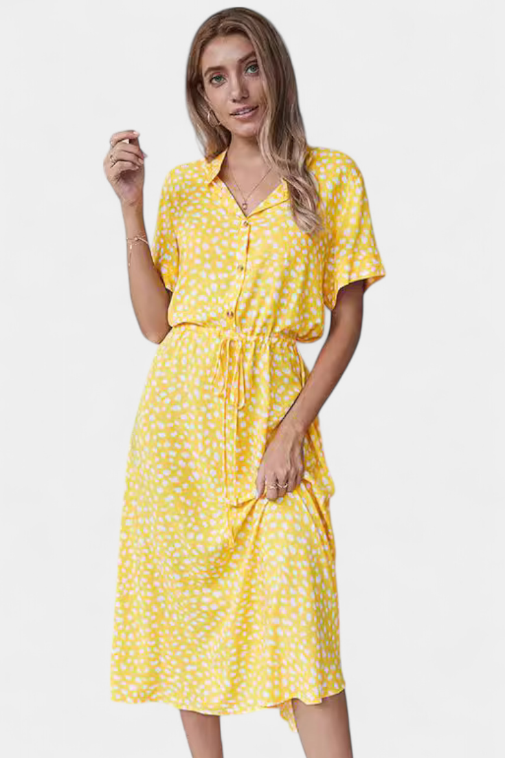 Rovena Robe Midi à Pois avec Col Chemisier et Taille Ajustable